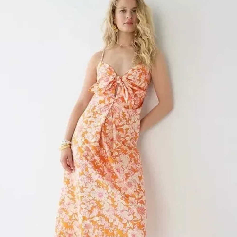 J. Crew Orange Floral Babydoll Spaghetti Strap Open Back MIDI Dress Size S - Picture 3 of 8